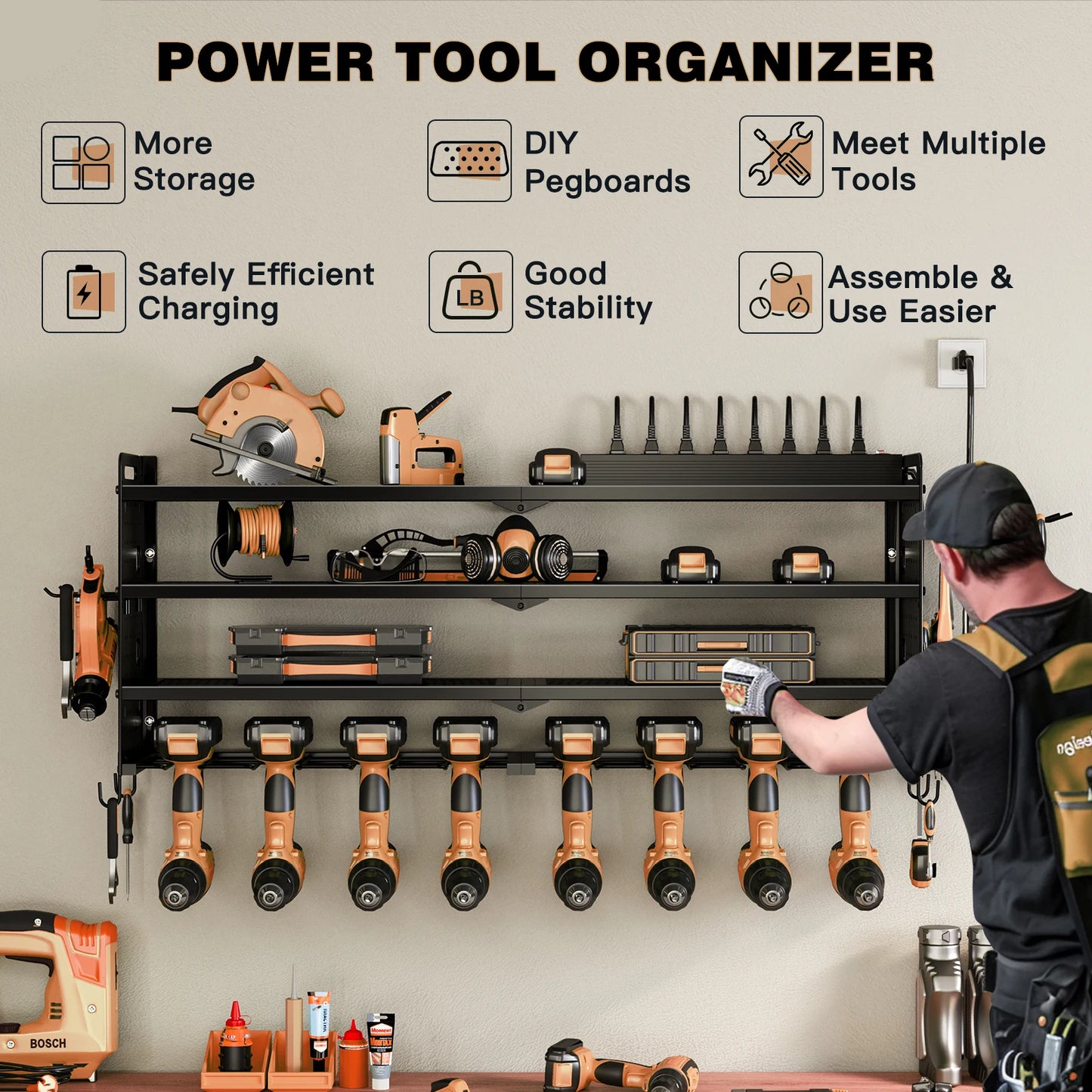 Power Tool Organizer For 8 Drills, Wall Mount Tool Holder/Charging Station