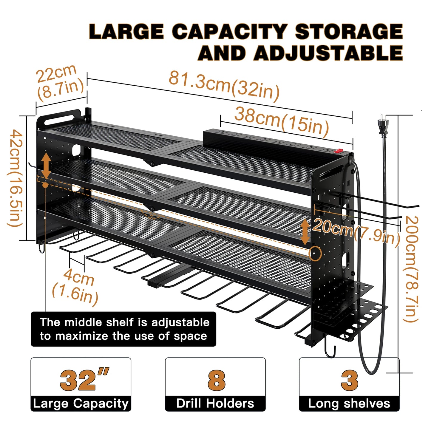 Power Tool Organizer For 8 Drills, Wall Mount Tool Holder/Charging Station