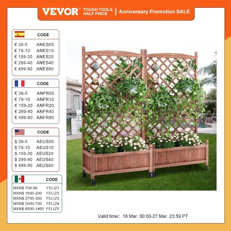 VEVOR 2PCS Wood Planter with Trellis  Outdoor Raised Garden Bed with Drainage Holesfor Vine Climbing Plants Flowers in Garden