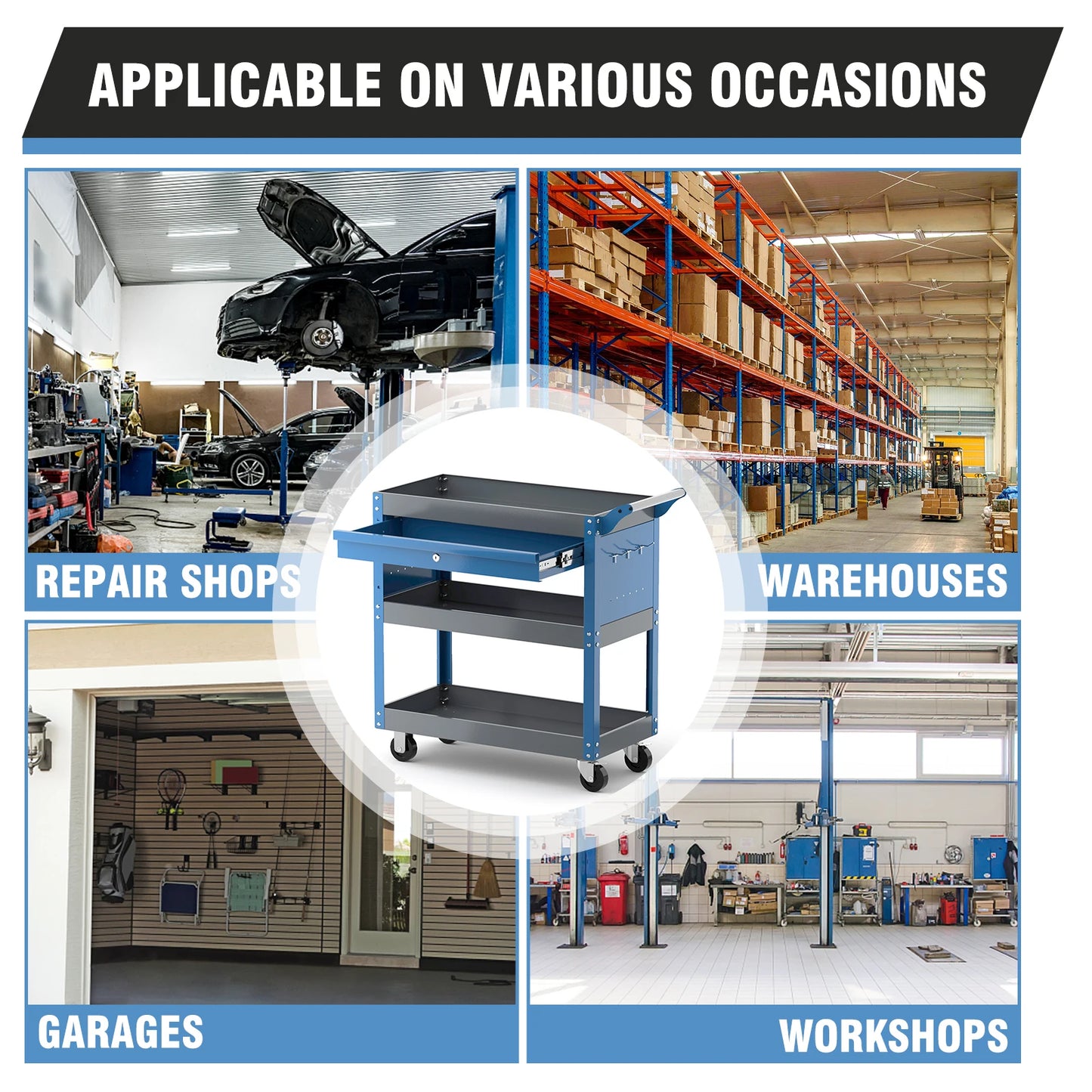 AIRAJ Mechanic Tool Cart, 3 Tier Rolling Cart,440 LBS Capacity Tool Cart