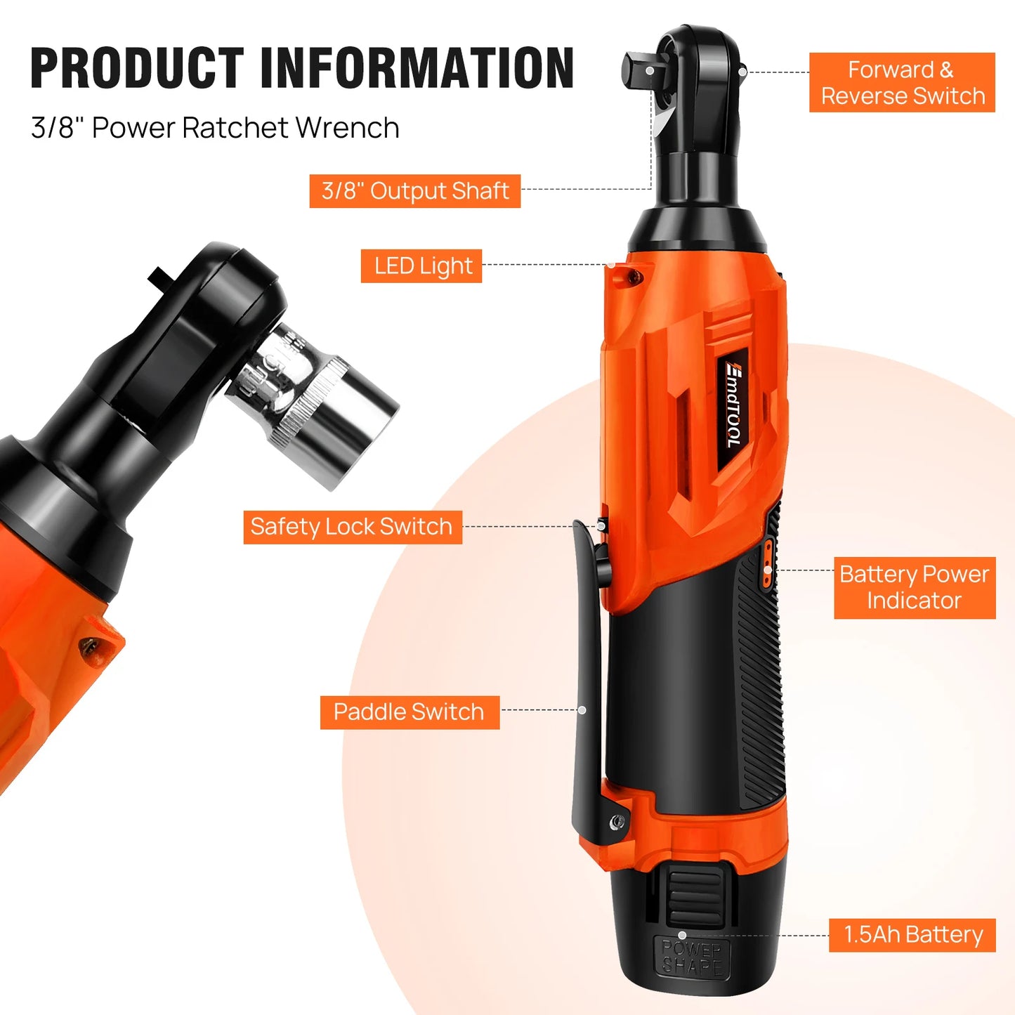 DayPlus 3/8" Electric Ratchet Wrench,90° Angle Wrench 12V w/ 2 Batteries & Charger+7 Sockets